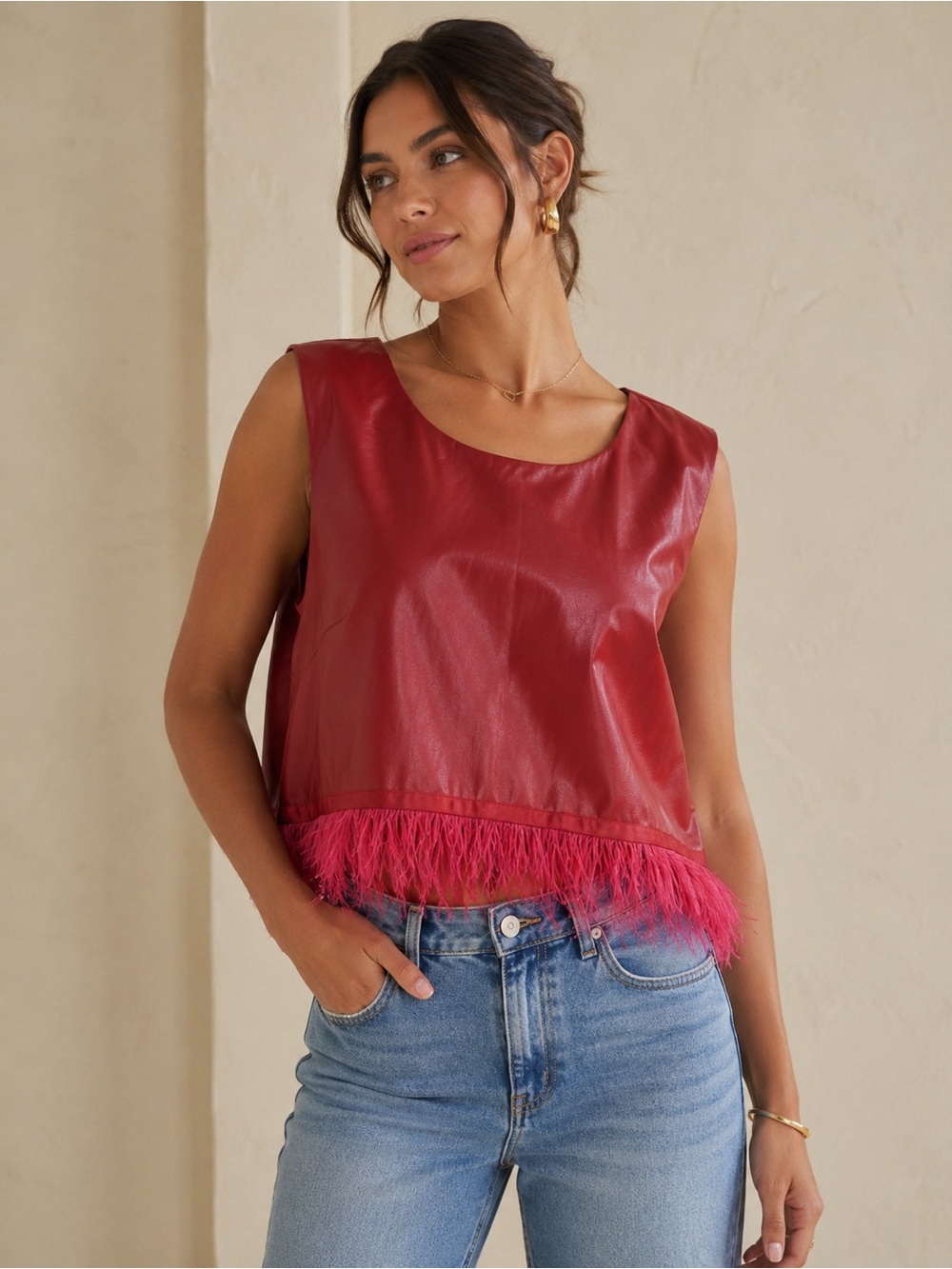 Hutch Red Faux Leather Feather-Trim Tank Top